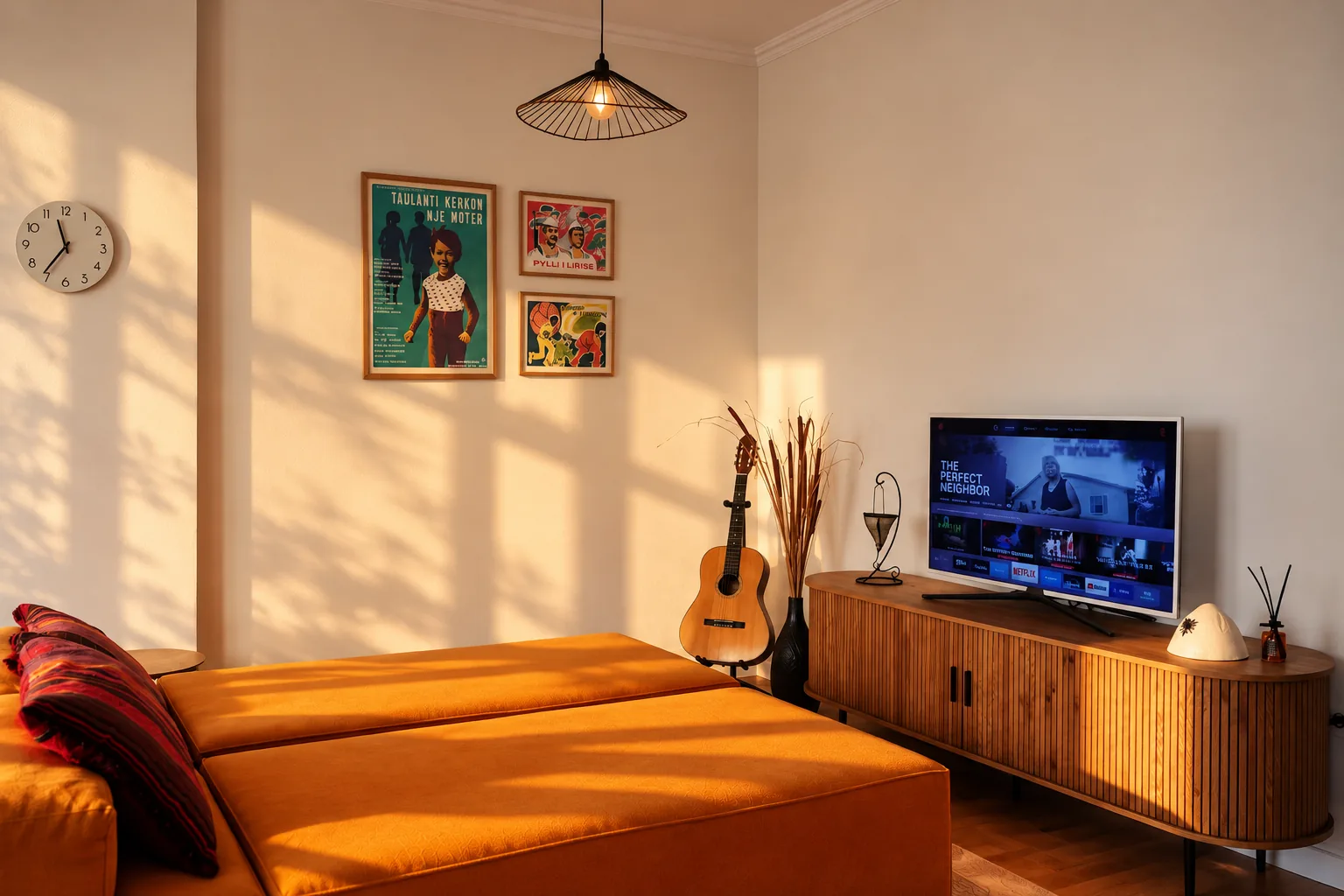 Divano letto color ambra accanto a un mobile TV in legno, una chitarra e locandine albanesi.